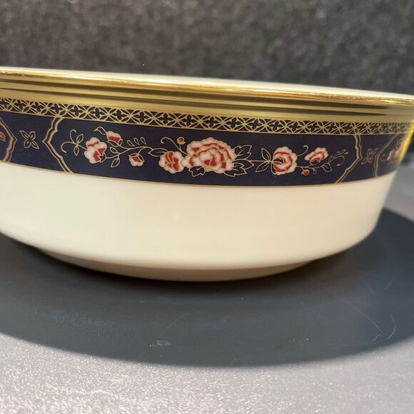 Lenox Royal Peony 9” Round Vegetable Serving Bowl Rust Flowers On Blue Band Rare - Picture 2 of 8